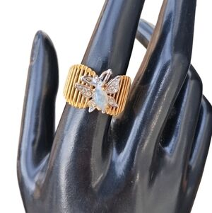 Vintage Anson 18K HGE Gold Moonstone & Rhinestone Butterfly Ring- Size 8